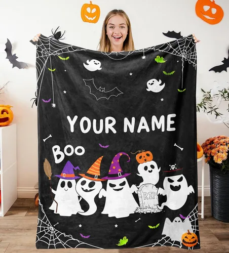 Miniatura 16 de Manta de Halloween personalizada con nombre, mantas de Halloween personalizadas para niños, Halloween personalizada para niños y niñas, bonita manta