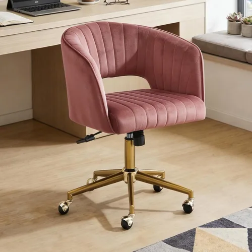Silla de tocador con respaldo sillón giratorio 360 grados y base dorada, silla con diseño entrecruzado con ruedas para tocador, oficina en casa, Rosa