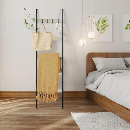 Miniatura 4 de ELYKEN Escalera de Mantas para Sala de Estar, Soporte de Edredón de 5 Niveles de Estilo Granja con 4 Ganchos Removibles para Baño, Estante de Roble