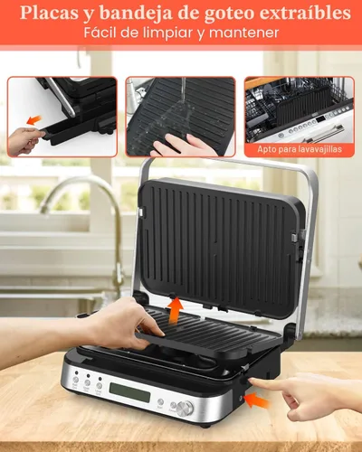 Miniatura 8 de Panini Press Grill Sandwichera con placas extraíbles, 1600 W, parrilla interior 6 en 1 con termómetro de carne, parrillas de contacto eléctricas
