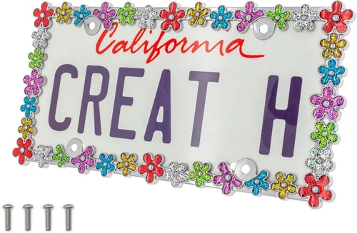 creathome Marco para placa de circulación con diseño de margaritas brillantes y en 3D, aleación de zinc puro, soporte metálico perfecto para placa,