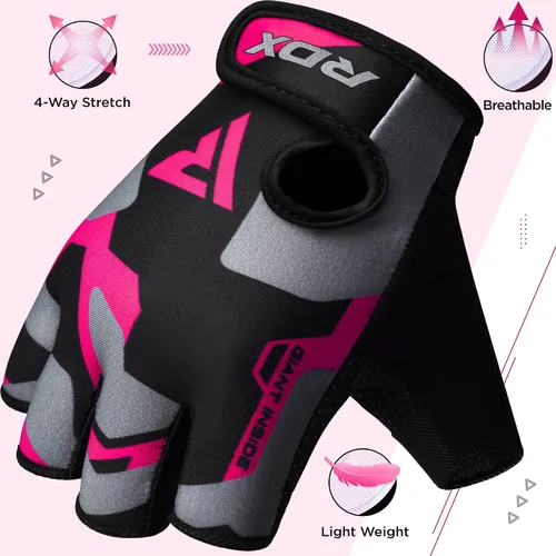 Miniatura 5 de RDX Guantes de levantamiento de pesas para gimnasio, entrenamiento de fitness, palma acolchada antideslizante, equipo de entrenamiento de fuerza Rosa