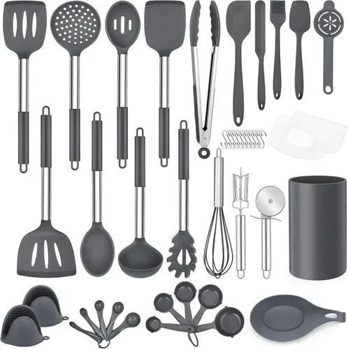 LIANYU Juego de 43 utensilios de cocina de silicona, espátula con soporte, resistentes al calor, utensilios de cocina antiadherentes, mango de acero