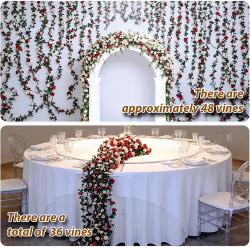 Miniatura 2 de Miracliy 8 guirnaldas de flores rojas de 66 pies, rosas artificiales de color naranja, guirnalda de flores falsas de primavera para telón de fondo