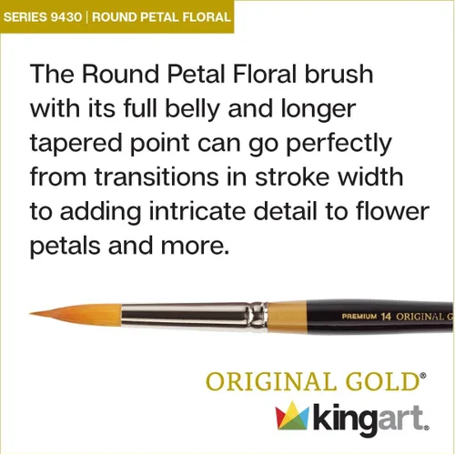 Miniatura 7 de KINGART Premium Original Gold 9430-2 - Cepillo redondo para artista, serie de pétalos florales, pelo sintético Taklon dorado, mango corto
