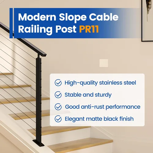 Miniatura 6 de Muzata Poste Negro Inclinado de Barandilla de Cable de 36 Pulgadas para Pendiente de 25 a 40 Grados 36"x1"x2" Kit de Sistema de Barandilla de Cable