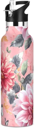 Retro Dahlia Pink BPA-Free Leak Proof Sports Insulated Water Bottle with Leak Proof Spout Lid Double Wall Vacuum Bike Running Sports Travel Gym