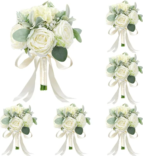 Miniatura 30 de Juego de 4 ramos para dama de honor para boda - Ramos de flores artificiales de 7 pulgadas para decoración de centros de mesa de ceremonia y Azul