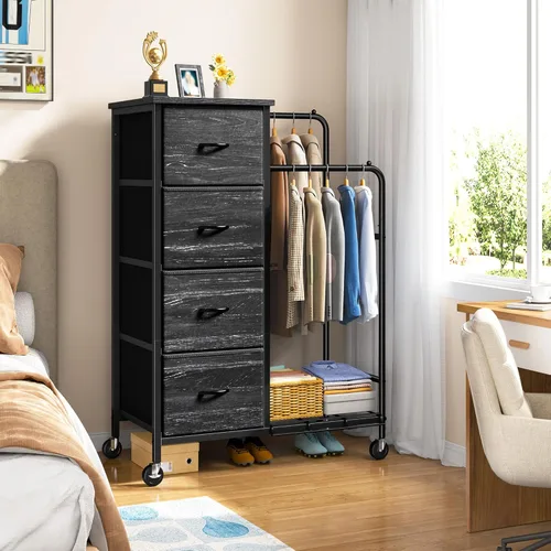 Miniatura 6 de Romorgniz Cómoda 3 en 1 con estante para colgar, 4 cajones de tela con doble perchero y ruedas, organizador alto de armario para dormitorio, Negro