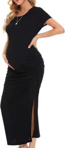 Ever-Pretty Vestido casual de maternidad para mujer, cuello redondo, manga corta, entallado, fruncido, dividido, longitud al suelo, 40057-EY