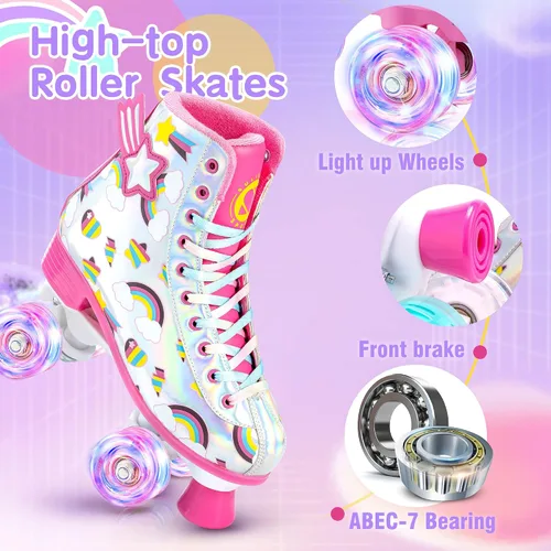 Miniatura 3 de SULIFEEL Patines de unicornio arcoíris para niñas, ruedas iluminadas, patines cuádruples con parte superior reflectante de piel de poliuretano