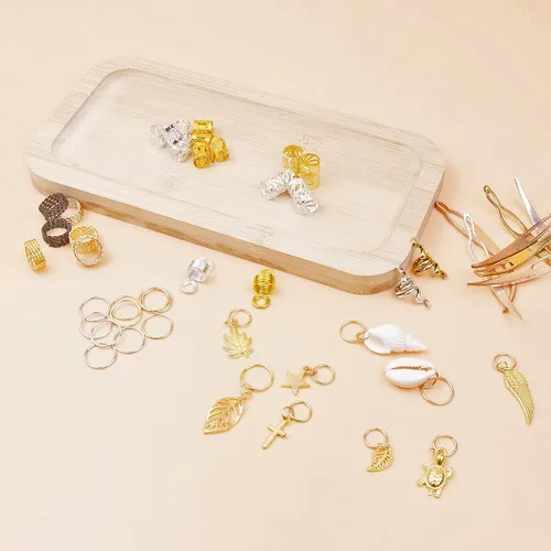 Miniatura 6 de 189 piezas de joyería de rastas, cuentas para trenzas de cabello, joyería para el cabello para trenzas, anillos trenzados de metal y oro, puños
