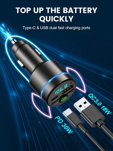 Miniatura 3 de RIWUSI Transmisor FM para automóvil Bluetooth 5.3, [Todo Metal] PD 30 W y QC3.0 18 W cargador rápido para automóvil, Kit de radio FM inalámbrica