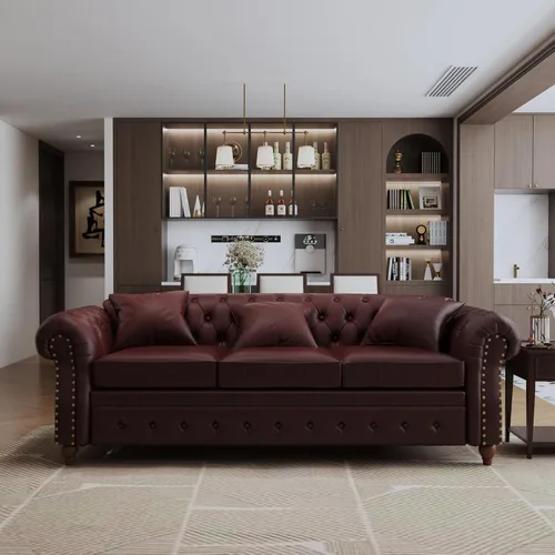 Miniatura 9 de Chesterfield - Sofá de cuero, sofá moderno de mediados de siglo de 89 pulgadas con respaldo bajo, brazo enrollable, ribete de cabeza de clavo, sofá