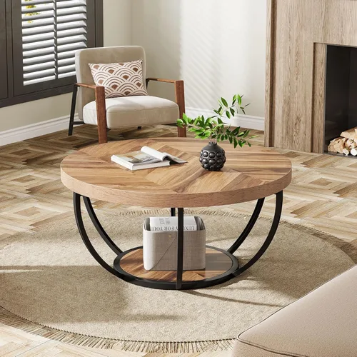Miniatura 4 de Tribesigns Mesa auxiliar industrial redonda de 31.7 pulgadas con estantes de almacenamiento de 2 niveles, mesa central moderna de madera y metal