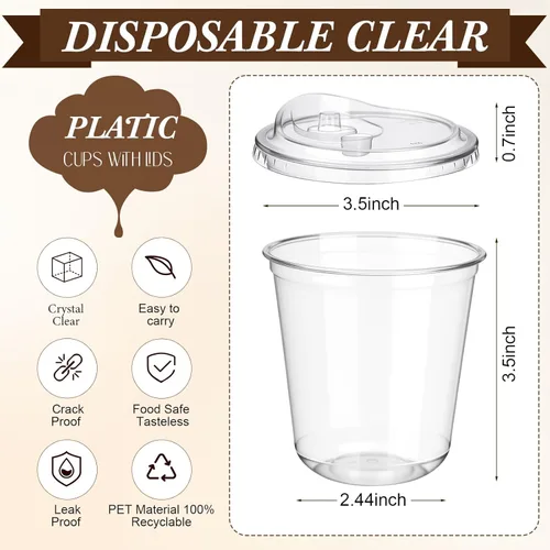 Miniatura 3 de LemonRoad Paquete de 200 vasos de plástico transparente de 12 onzas con tapa para sorber sin pajilla, taza de café helado de plástico desechable