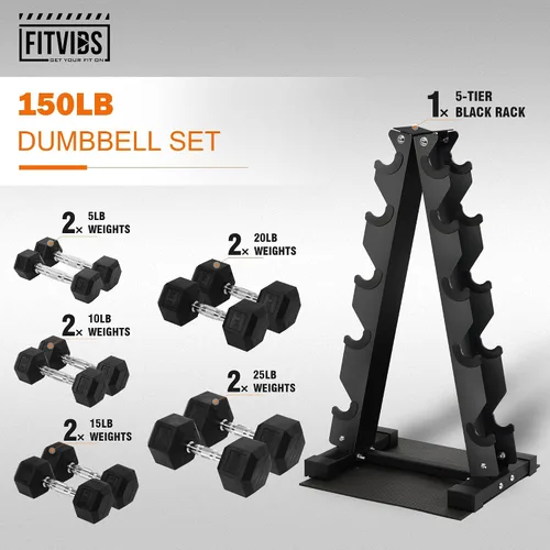 Miniatura 2 de Fitvids Juego de mancuernas con estante - Mancuerna + estante A: juego de 150 libras - Negro