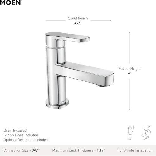 Miniatura 2 de Moen Laris - Grifo cromado de un solo agujero con una manija para lavabo de baño moderno con plato de cubierta opcional y montaje de desagüe