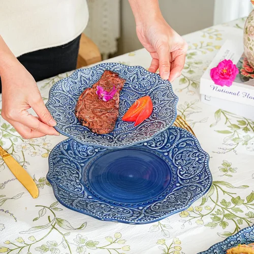 Miniatura 4 de Sungmor Vajilla Fina de Gres en Relieve para Cenas Elegantes, Juego de Platos de Cena de Porcelana de Estilo Barroco Antiguo de 2 Piezas