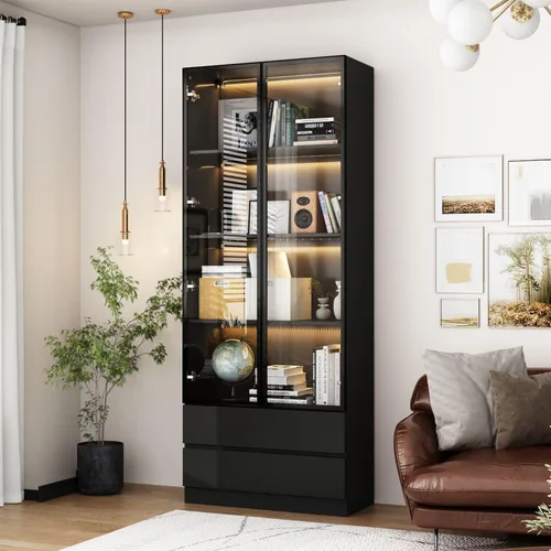 Miniatura 12 de Vitrina con luces, gabinete de vidrio con puertas y estantes de 4 niveles, vitrina para coleccionable, sala de estar, oficina, negro 31.5 pulgadas