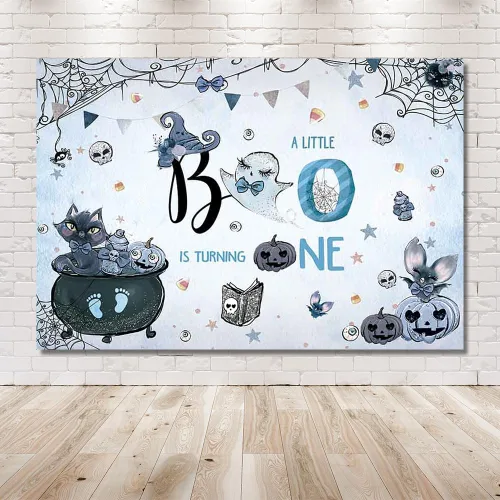 Miniatura 6 de MEHOFOND Fondo espeluznante de 7 x 5 pies para fotografía de primer cumpleaños de Halloween para niño, acuarela azul, Halloween, boo, fiesta