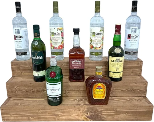 Miniatura 18 de Estantería de exhibición escalonada hecha a mano, exhibición de barra de tres niveles, organizador de barra, exhibición de botellas de licor