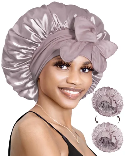 Miniatura 19 de BONNET QUEEN Gorro de seda para dormir, gorro de satén con lazo para el cabello, doble capa, para mujeres, cabello rizado, color marrón