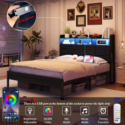 Miniatura 5 de Base de cama negra de tamaño completo con 2 cajones de almacenamiento y estación de carga, marco de cama tapizado con cabecero de piel sintética