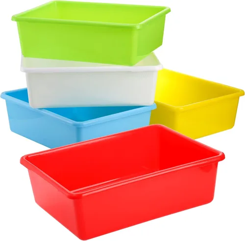 WUWEOT Paquete de 5 cubos de almacenamiento grandes, 15 x 11.5 pulgadas, organizador apilable de plástico para aula, cesta de juguetes multiusos