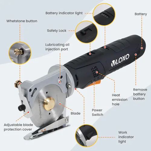 Miniatura 8 de VLOXO Tijeras eléctricas rotativas de tela sin cable, tijeras eléctricas recargables para cuero con bloqueo de seguridad, cortador de múltiples