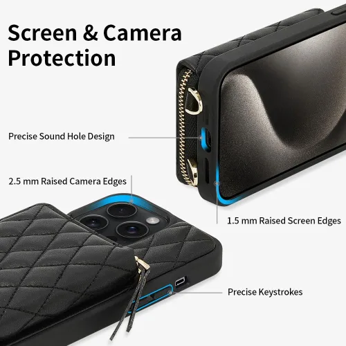 Miniatura 8 de LAMEEKU Funda Cartera para iPhone 15 Pro, Bolso Cartera Cruzada con Portarjetas, Correa de Muñeca de Cuero Acolchado con Cremallera y Bloqueo RFID