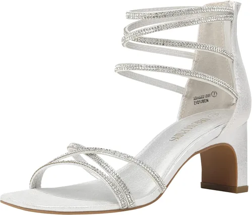 DREAM PAIRS Tacones negros para mujer tacón bajo con diamantes de imitación gruesos puntera abierta sandalias de vestir para novia boda fiesta noche