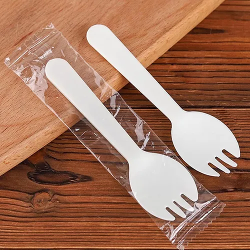 100 tenedores desechables de plástico ecológico, duradero, tenedores y cucharas 2 en 1, ideales para almuerzo, pícnics o restaurantes y suministros