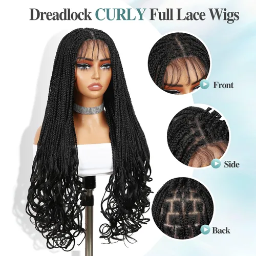 Miniatura 5 de Pelucas trenzadas de encaje completo, sin nudos, trenza, peluca de extremos rizados para mujeres negras, 28 pulgadas, cuadrada, trenzada, encaje