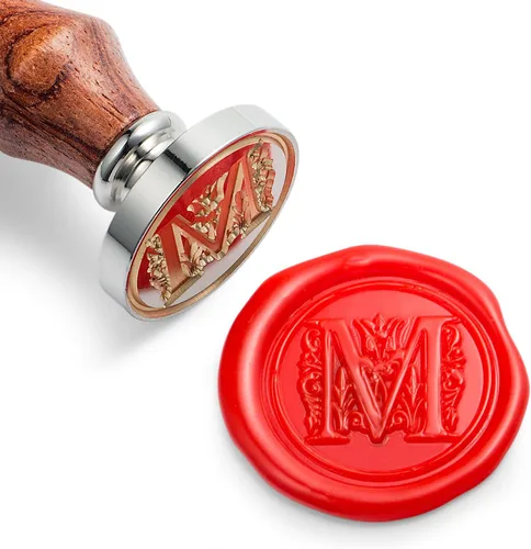 Miniatura 18 de Sello de cera Mceal, sello grande 1 1/5"(30mm) de diámetro, cabeza de latón plateado con mango de madera, serie de letras A a Z de estilo regio