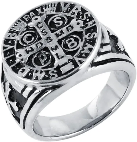 HZMAN Anillo de exorcismo de San Benito para hombres y mujeres, plata de acero inoxidable, cruz católica, romana, protección de demonios, cazador de