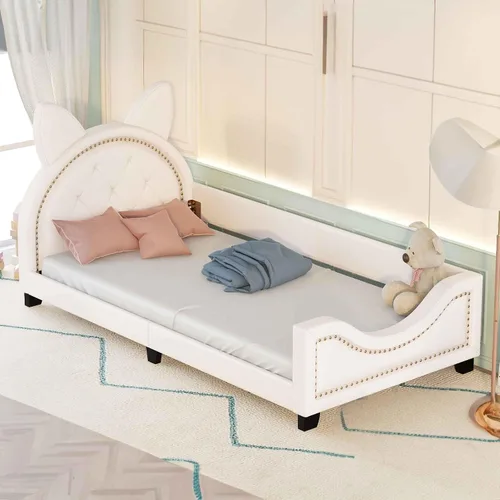 Miniatura 6 de Sofá cama con cabecero, cámaras en forma de conejo, base de cama de madera con plataforma individual para niñas y niños, bonito sofá cama tapizado