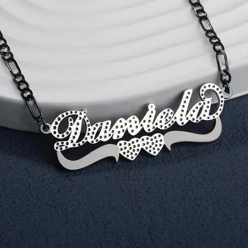 Miniatura 2 de Drawelry Collar con nombre personalizado de dos tonos con placa de oro de 18 quilates, chapado en doble corazón, placa con dije de placa de nombre