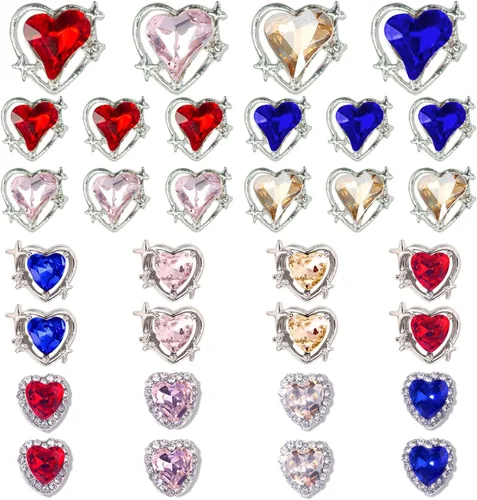 Qiipii 32 dijes de corazón para el día de San Valentín, diamantes de imitación 3D, gemas, cristales de amor de 4 colores, diamantes, tachuelas de