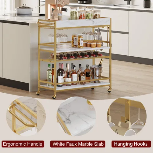 Miniatura 4 de BON AUGURE Carrito de Bar para el Hogar, Carrito de Bar Rodante para el Hogar con Ruedas, Carrito de Bebidas Móvil de 3 Niveles con Botellero