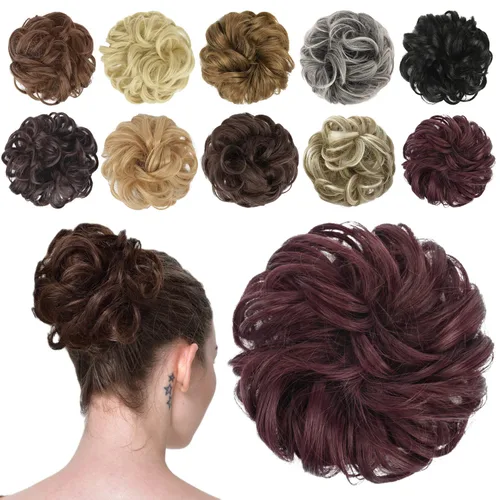 Miniatura 22 de FESHFEN Pieza de Cabello de Moño Desordenado - Extensiones Elásticas Onduladas Rizadas de Moño Scrunchies Sintético Chignon Postizos para Mujeres