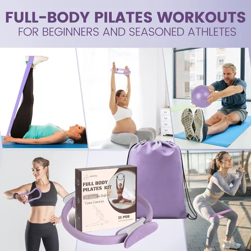 Miniatura 7 de Kit esencial de anillo de pilates para mujer, equipo de entrenamiento en casa con pelota de 9.8 pulgadas, bandas de resistencia, círculo mágico