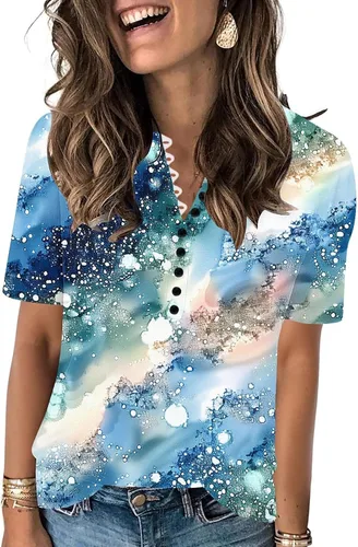 Miniatura 157 de Summer Shirts for Women 2025 Plus Size Short Sleeve Henley Tops Marble Floral Loose Tshirt Tee Casual Dressy Tunics