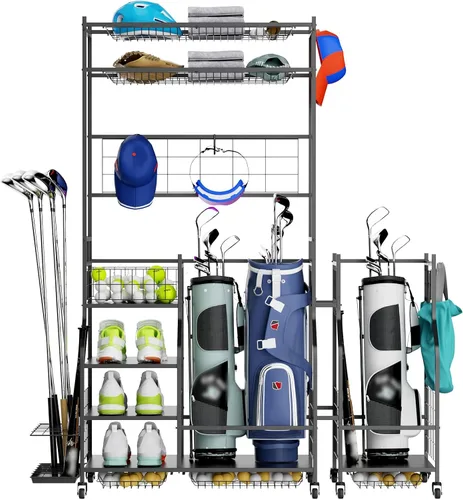 ROOMTEC Organizador de almacenamiento de bolsas de golf, estante de almacenamiento de bolsas de golf para garaje, estante de almacenamiento