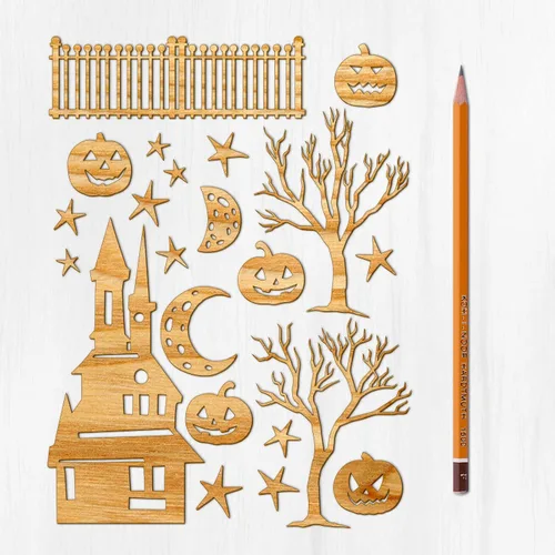Miniatura 11 de Ajoure Fine Lasercut Embelishments # Lindas calabazas y árboles espeluznantes Halloween Vintage chapa madera contrachapada silueta para manualidades