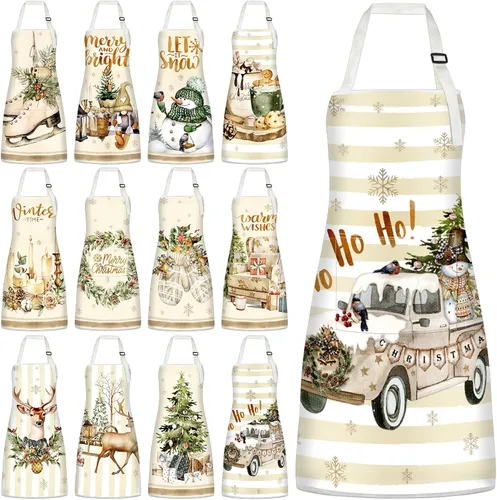 Miniatura 9 de 12 piezas de delantales de Navidad a granel, divertidos delantales ajustables con bolsillos, vintage, delantales de cocina de Navidad para hornear