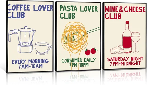 Miniatura 10 de Divertido póster de lienzo de cocina, arte de pared retro del club amante del café, imagen adorable del club de amantes de la pasta, pintura vintage