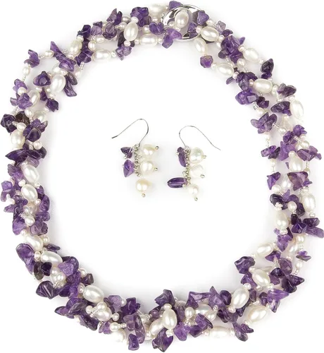 Miniatura 2 de HinsonGayle, juego de aretes colgantes y collar de dos vueltas con perlas cultivadas de agua dulce y piedras.