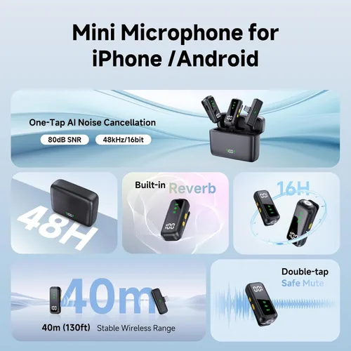 Miniatura 2 de Micrófono lavalier inalámbrico para iPhone 15, 16, 17 Pro, teléfono Android, mini micrófonos, batería de 130 pies y 48 horas, sistema de micrófono