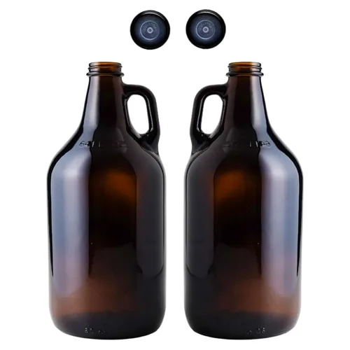 FastRack Jarras de vidrio ámbar de 64 oz con tapas Polyseal (paquete de 2) | Jarras de cerveza de medio galón (1/2 galón) para elaboración casera,